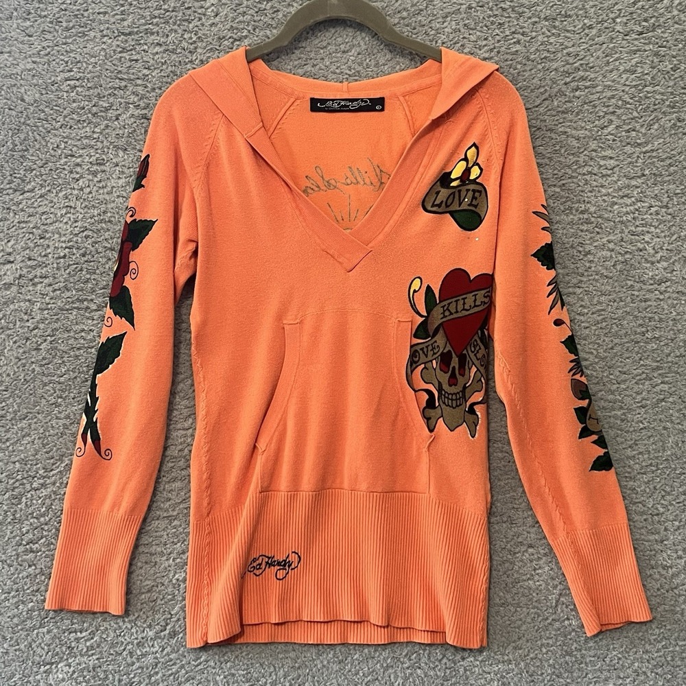 Vintage Ed Hardy Christian Audigier V Neck Pullover Love Kills Slowly Hoodie L